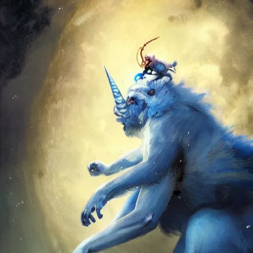 Image similar to blue monkey riding a unicorn on the moon, intricate, sharp focus, illustration, highly detailed, digital painting, concept art, matte, art by ruan jia and wlop and greg rutkowski, masterpiece