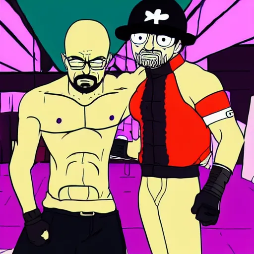 Image similar to Jessie pinkman wrestling walter white breaking bad in one piece anime style