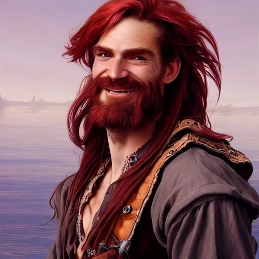 Image similar to portrait of a young ruggedly handsome but joyful pirate, male, masculine, upper body, red crimson crimson hair, long long flowing hair, fantasy, very smug smirk, intricate, elegant, highly detailed, digital painting, artstation, concept art, matte, sharp focus, illustration, art by artgerm and greg rutkowski and alphonse mucha