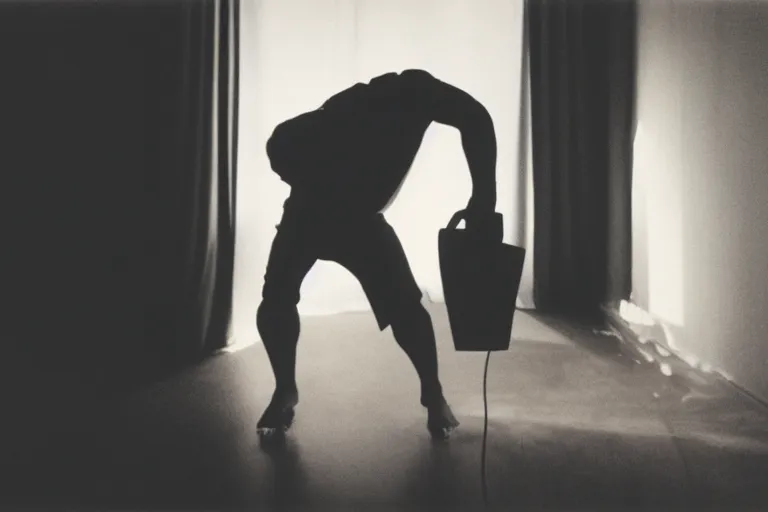 Prompt: backlit photograph of black box pouring energy into suburban living room, single silhouette figure, crisp focus, 3 5 mm ektachrome