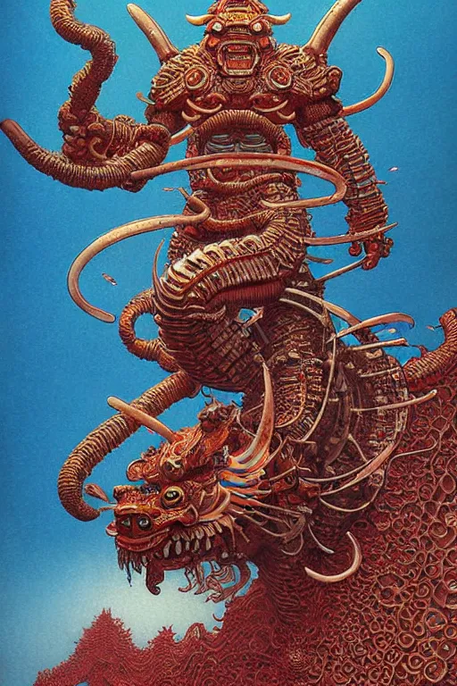 Image similar to japanese oni, character portrait, portrait, close up, concept art, intricate details, highly detailed, cherry blossom, soft light, vintage sci - fi poster, in the style of chris foss, rodger dean, moebius, michael whelan, and gustave dore