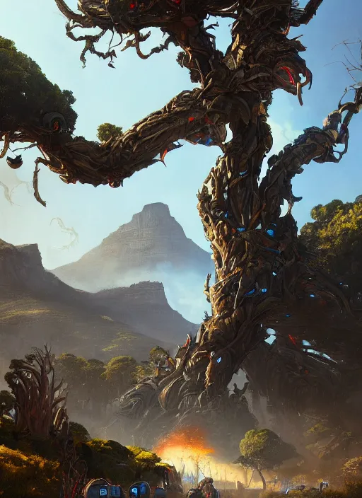 Image similar to hyper realistic robot attacking cape town city beautiful details, gnarly trees, strong composition, poster painted by greg rutkowski, concept art, arcane style, hearthstone wizards of the coast norman rockwell, james gurney and greg rutkowski weta studio, and lucasfilm and best of artstation