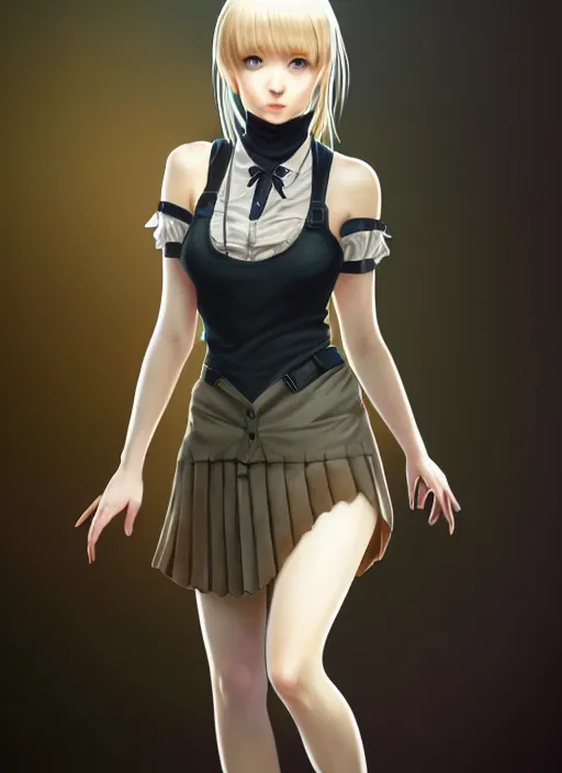 Image similar to portrait of a full body of beautiful young female detective, d & d, sleeveless turtleneck, pleated skirt, fantasy, flat lighting, intricate, highly detailed, digital painting, artstation, concept art, smooth, sharp focus, illustration, misa amane, art by simon bisley and greg rutkowski and alphonse mucha, natural tpose