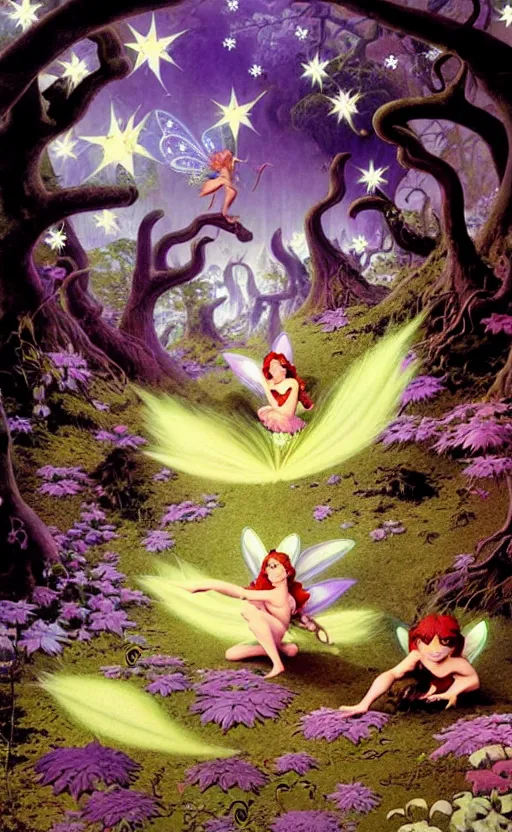 Prompt: fairies with detailed faces, enchanted forest, mushrooms on the ground, stars in the sky, psychedelic, wide angle shot, white background, vector art, illustration by frank frazetta