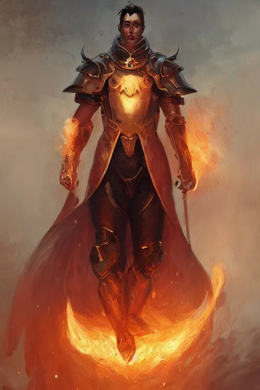 Image similar to a masculine elegant man from sideview with large shoulders, armor, and wearing golden laurel wreath, there are flames behind him, ethereal horror fantasy art by greg rutkowski and magali villanueve and monet con