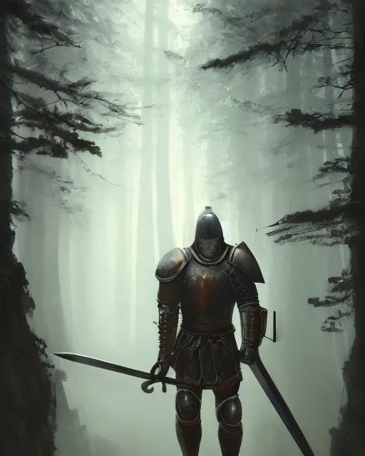 Image similar to Hyper realistic painting of a knight in rusty full plate armor wielding a greatsword, hyper detailed, surrounded by a dark forest, fog, moody, cinematic lighting, dim blue lighting, by greg rutkowski, trending on artstation