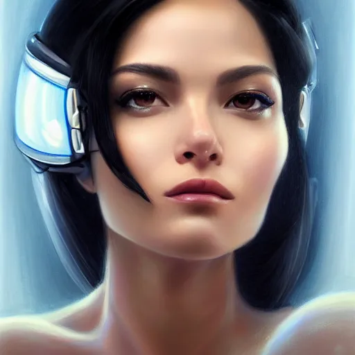 Image similar to a portrait of a very beautiful woman in a spacesuit, Alexandria's genesis, shoulder-length black hair, bored, illustration, soft lighting, soft details, painting oil on canvas by mark arian by artgerm, trending on artstation, 4k, 8k, HD