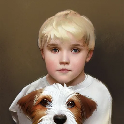 Prompt: a cute round faced three year old boy with short straight blonde hair with a very cute wire haired jack russell terrier puppy, white with brown patches over both eyes. detailed, high quality painting by artgerm and greg rutkowski and alphonse mucha