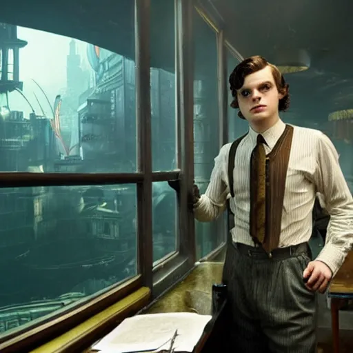 Prompt: a highly detailed cinematic photo from a live - action bioshock movie. andrew ryan, portrayed by evan peters, is shown standing in a 1 9 3 0's office with a large desk in front of a floor - to - ceiling window looking out onto the underwater city of rapture shining in the distance, sea life is shown outside of the window