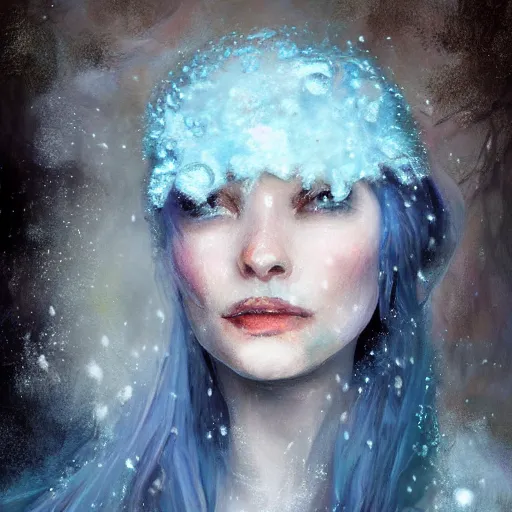 Image similar to ‘ icewind dale ’ themed womanly portrait by ‘ justin sweet ’, frost blue mask, falling snow, soft focus, oil paint,