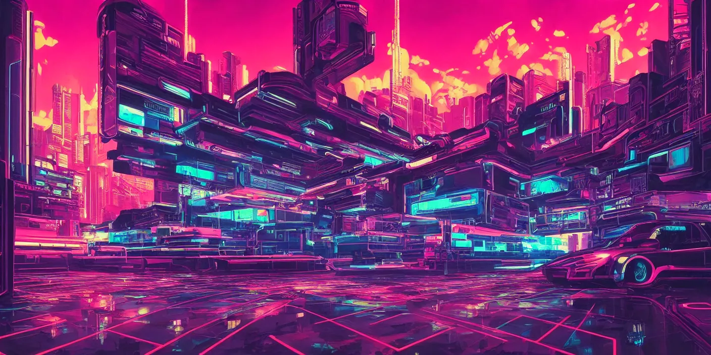 Image similar to the school of athenes iconic paiting, cyberpunk, synthwave, outrun, neon, hyper detailed