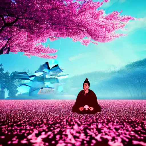 Prompt: A lone samurai sitting in a field of cherry blossom trees, decayed, glitch art concept art, HD —H 1024