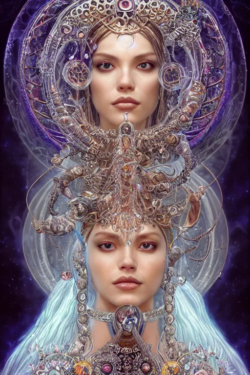 Image similar to a centered render of an mystical wild goddess with wearing ornate silver and gemstones and crystal clothing surrounded by flowing liquid gallium jellyfish and sacred geometry, perfect body and face, gorgeous, cinematic, beautifully lit, by artgerm, by karol bak, by donato giancola, 3 d, trending on artstation, octane render, 8 k