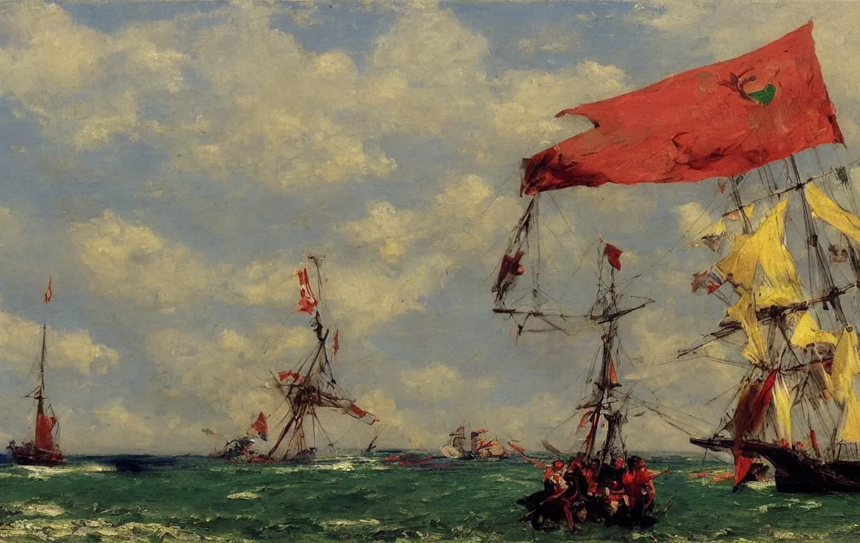 Prompt: one british brig sailing next to the nigerian coast, 1865, bright colors oil on canvas, by Ilya Repin