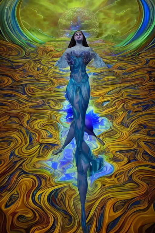 Image similar to overdetailed maximalist fullbody portrait of a beautiful female energy being transcending to her true form while floating over a surreal landscape. Made by oozium, inspired by silvio vieira, overpainted by loish. 8k 3d realistic render. Bright, sacred, spiritual, dawn, backlit, calm, relaxed, dynamic, ethereal, arcane, intricate, mysterious, dramatic, cinematic. Seen from below overpainted by erica robin and cameron gray