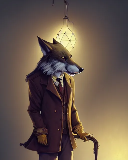 Prompt: anthropomorphic art of a detective wolf, victorian inspired clothing by artgerm, victo ngai, ryohei hase, artstation. fractal papersand books. highly detailed digital painting, smooth, global illumination, fantasy art by greg rutkowsky, karl spitzweg