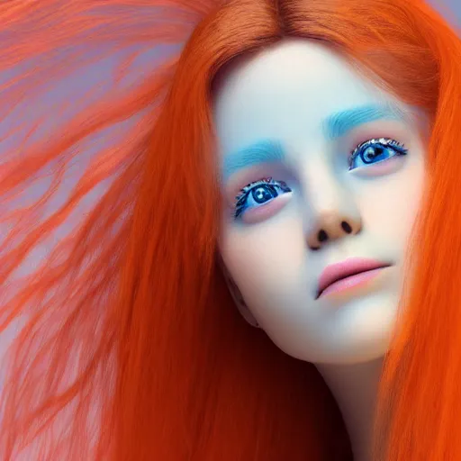 Image similar to Pretty face orange hair, light blue background, 8k, award-winning photorealistic