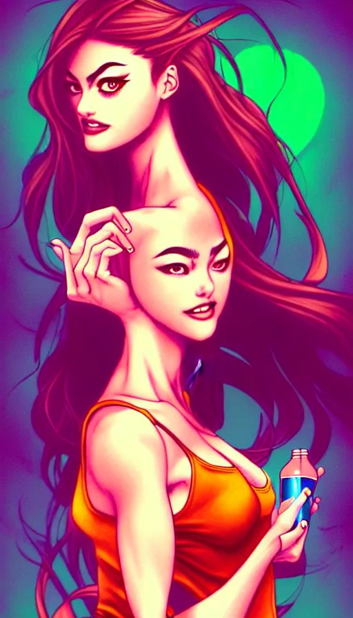 Prompt: in the style of artgerm, girl drinks monster energy, phoebe tonkin, hair blowing, full body, intricate filagree, no hands showing, warm colors, cool offset colors