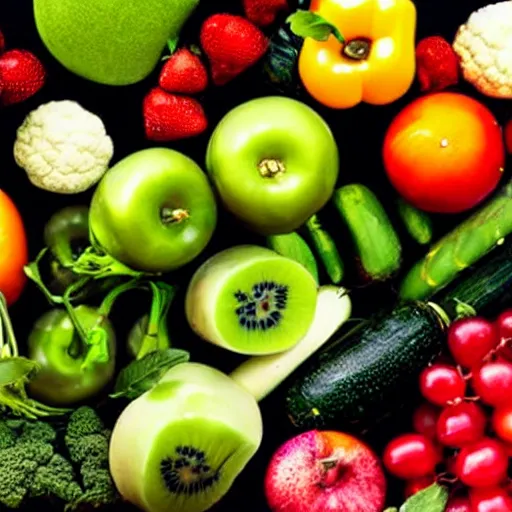 Image similar to film still of fresh fruits and vegetables making beats on an mpc