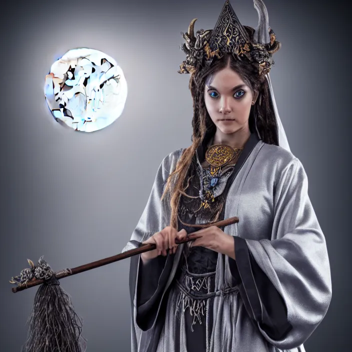 Prompt: professional photograph of a real - life beautiful elemental lunar witch with ornate grey robes and staff. extremely detailed. 8 k