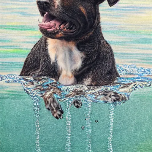 Image similar to intricate five star dog playing in the water by monica lee, colored pencil on paper, high detail, skin texture, photo realistic, hyperrealism, matte finish, high contrast, 3 d depth, masterpiece, vivid colors, artstationhd