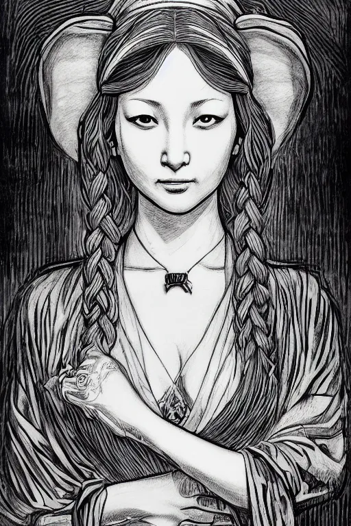 Image similar to beautiful portrait of a woman, negative no not mona lisa pose, highly detailed ink illustration of a dark alley of taipei, b & w clean shaped illustration by kim jung gi, ric estrada, ron english and eiichiro oda