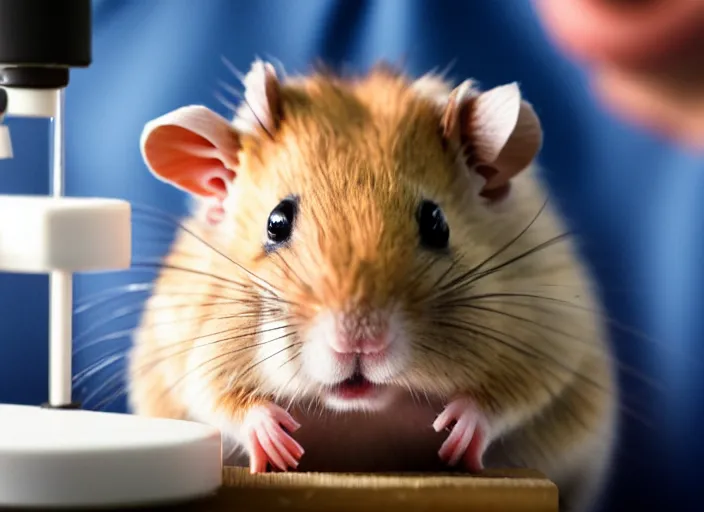 Image similar to film still of a hamster working in a research lab finding the cure for cancer, 8 k