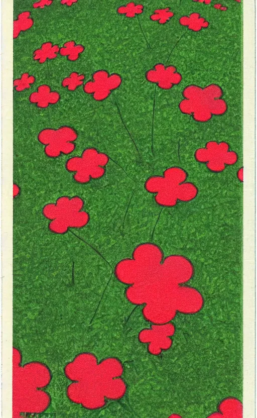 Image similar to by akio watanabe, manga art, a clover on the ground, sunny day, trading card front