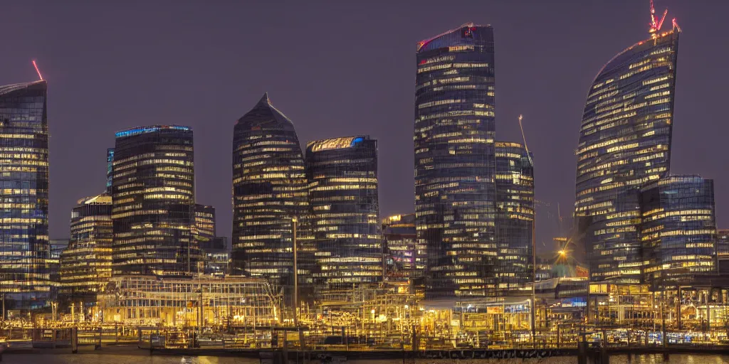 Image similar to high quality night photograph of Docklands in London, dimly lit cirrus clouds, long exposure, architecture photography, ultrawide image