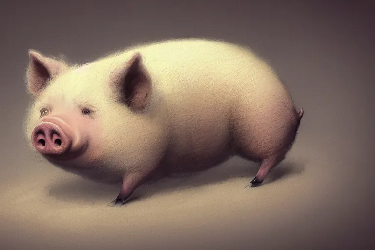 Image similar to cute fluffy pig by jean - baptiste monge, high quality, high resolution, 4 k, painted by cgsociety, rutkowski, gurney with ambient lighting, concept art, detailed, smooth, dynamic volumetric cinematic lighting, octane, raytrace