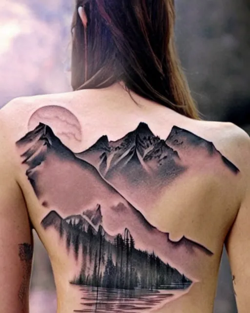 Image similar to double exposure effect tattoo design sketch of megan fox with amazing mountain scenery, realism tattoo, in the style of den yakovlev, amazing detail, sharp