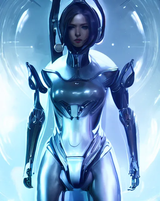 Image similar to perfect android girl on a mothership, warframe armor, beautiful face, scifi, futuristic, galaxy, nebula, raytracing, dreamy, long white hair, blue cyborg eyes, sharp focus, cinematic lighting, highly detailed, artstation, divine, by gauthier leblanc, kazuya takahashi, huifeng huang