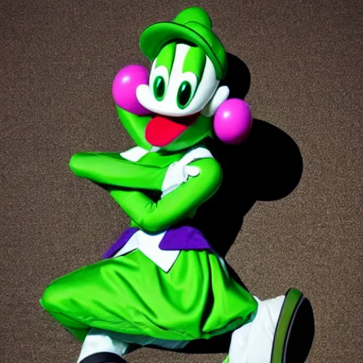 Image similar to anthropomorphic light green yoshi wearing a purple jacket, black shirt, purple skirt, purple heels, nintendo