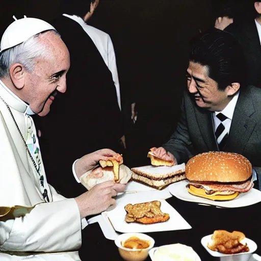 Prompt: the pope eating hambugers with prime minister shinzo abe, photo by slim aarons, award winning