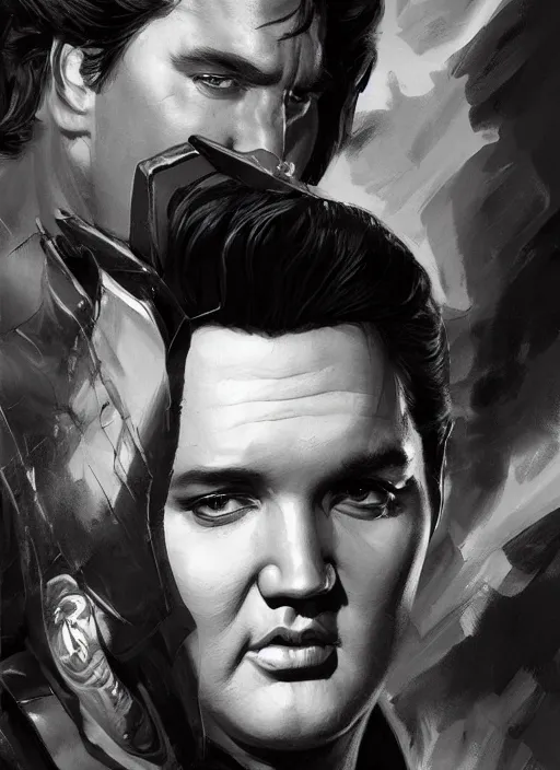 Prompt: Portrait of Elvis Presley, marvel comics, dark, intricate, highly detailed, smooth, artstation, digital illustration by Ruan Jia and Mandy Jurgens and Artgerm and Wayne Barlowe and Greg Rutkowski and Frank Frazetta