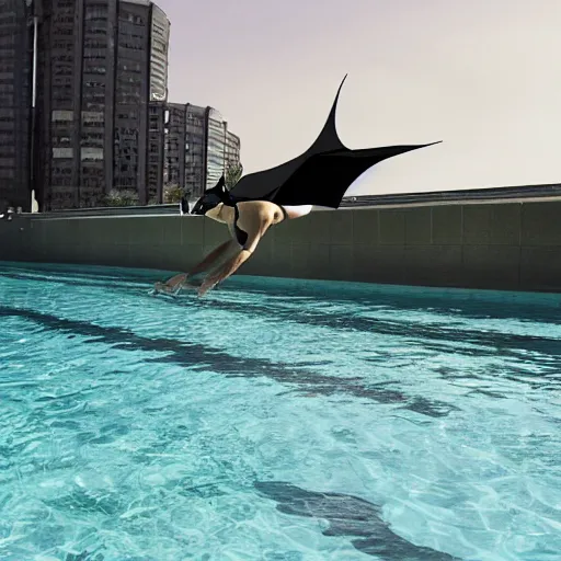 Prompt: batman swimming in an above ground pool