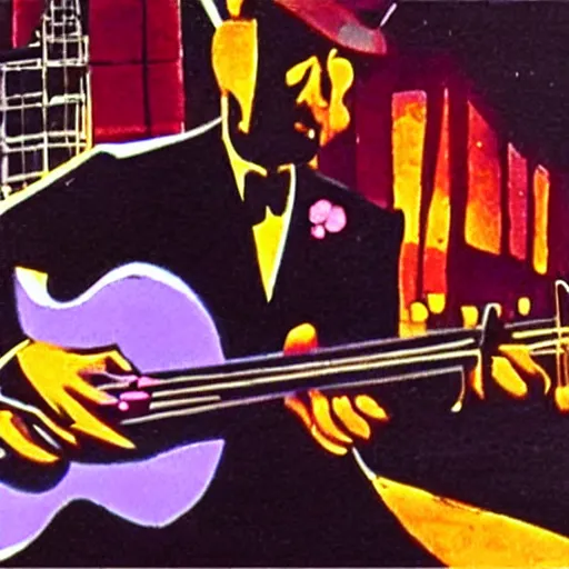 Prompt: django reinhardt playing guitar, background paris at night, in the style of pink panther cartoon ( 1 9 6 9 ), 4 k