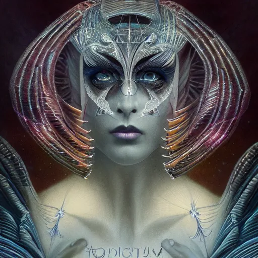 Image similar to beautiful closeup portrait of an art deco witch, glowing eyes. reflective detailed textures, moth wings, highly detailed dark fantasy science fiction painting by tom bagshaw and michael whelan and diego rivera and annie swynnerton and jean delville, elaborate geometric ornament, ancient runes, silver and cool colors. artstation