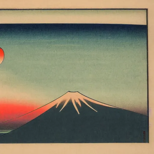 Prompt: Ukiyo-e depiction of Mount Fuji at sunrise