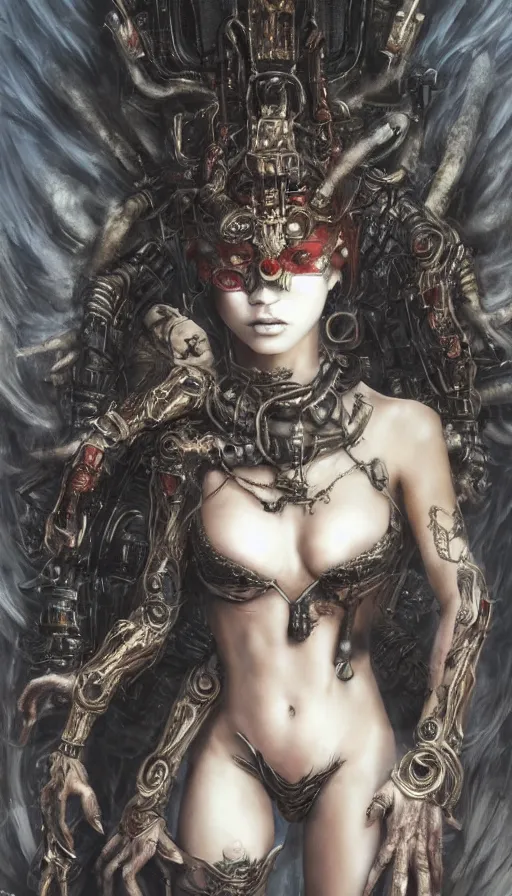 Prompt: beautiul girl wearing japanese masks 1 0 arms and mechanic hand reaching to a throne salvation epic cinematic by luis royo, pascal blanche, helmut newton and thu berchs, trending on artstation.