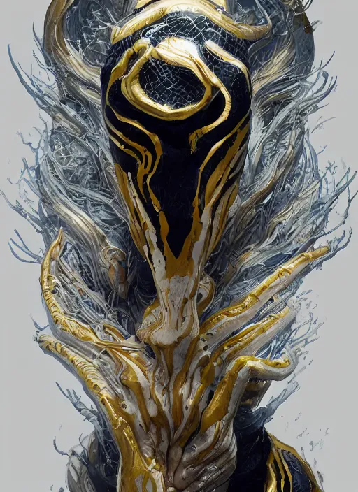Prompt: female white and gold venom, naturel, hyper detailed, digital art, trending in artstation, cinematic lighting, studio quality, smooth render, unreal engine 5 rendered, octane rendered, art style by klimt and nixeu and ian sprigger and wlop and krenz cushart