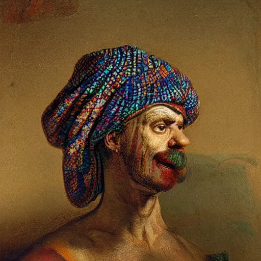 Prompt: man covered in multicolored scales with ridge from the top of his nose to the top of his forehead wearing giant ridiculous turban and robes in Nabataean tomb, famous painting by Rembrandt