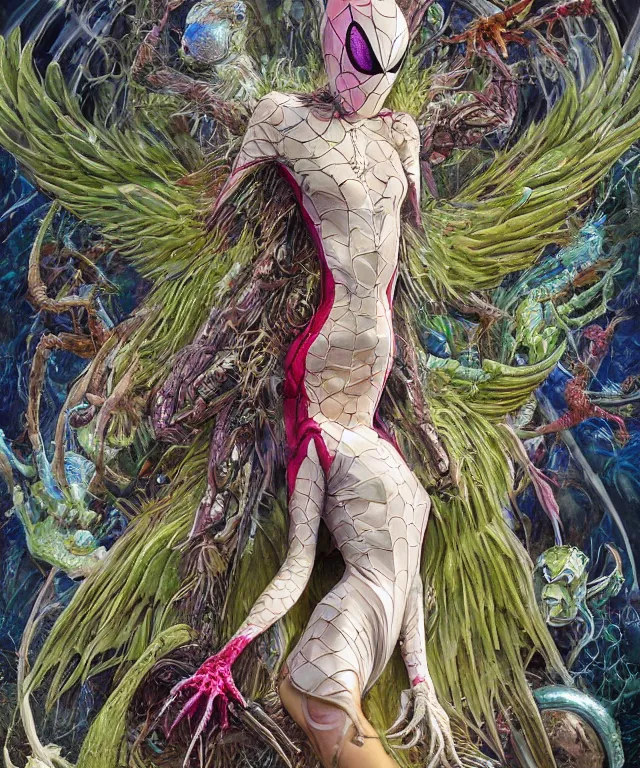 Prompt: a portrait photograph of spider gwen as a strong alien harpy queen with amphibian skin. she is dressed in a colorful slimy organic membrane catsuit and transforming into an bird with an armored exoskeleton. by donato giancola, walton ford, ernst haeckel, peter mohrbacher, hr giger. 8 k, cgsociety, fashion editorial