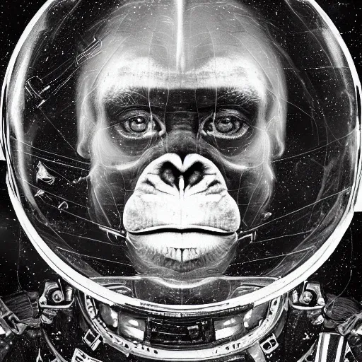 Image similar to double exposure portrait of astronaut and a chimpanzee astronaut with space and time in the the background by davinci, circles, psychedelic, pencil art, high definition, dynamic lighting stars, sharpness, golden ratio