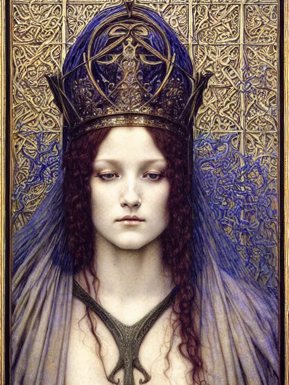 Image similar to detailed realistic beautiful young medieval queen face portrait by jean delville, gustave dore and marco mazzoni, art nouveau, symbolist, visionary, gothic, pre - raphaelite. horizontal symmetry