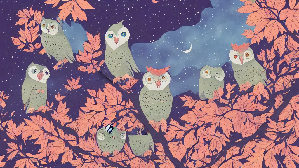 Prompt: very detailed, ilya kuvshinov, mcbess, rutkowski, watercolor pixar ghibli illustration of owls flying at night, colorful, leaves on branches, deep shadows, astrophotography, highly detailed, wide shot