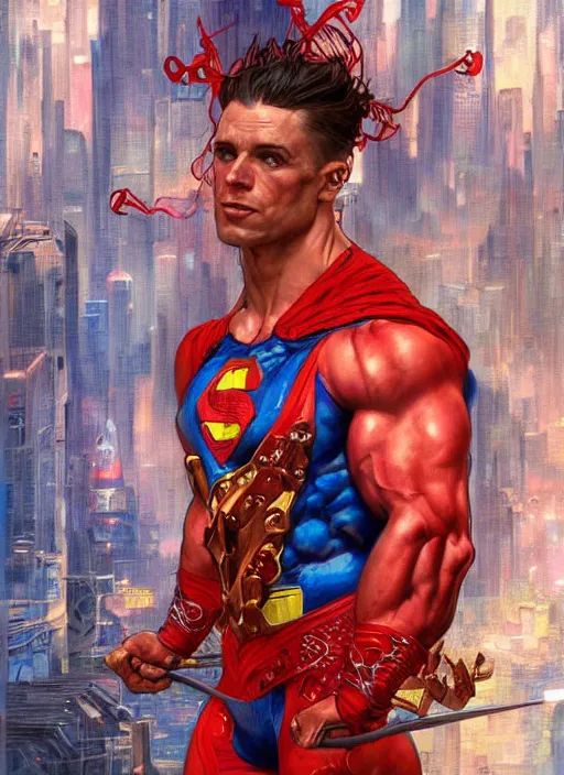 Image similar to portrait of crossfit bodybuilder fitness muscular superman!, futuristic detailed ornate cyberpunk costume!, red and blue costume!!, pale skin!, no logo!!!, painted art by tsuyoshi nagano, greg rutkowski, artgerm, alphonse mucha, spike painting