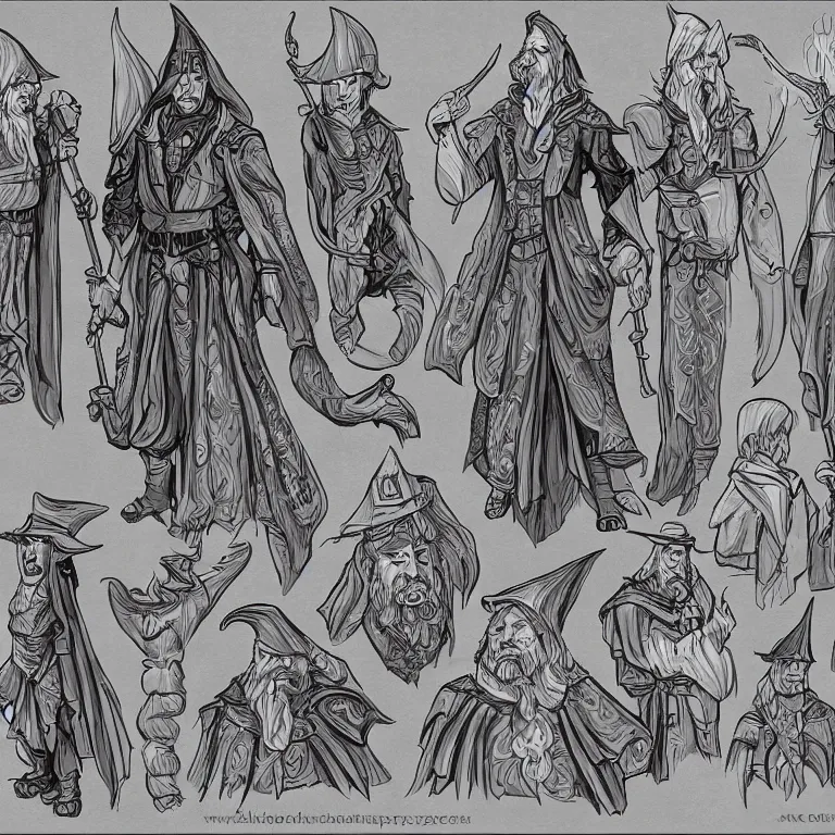 Prompt: close up illustration of a wizard, character turnaround sheet, front on