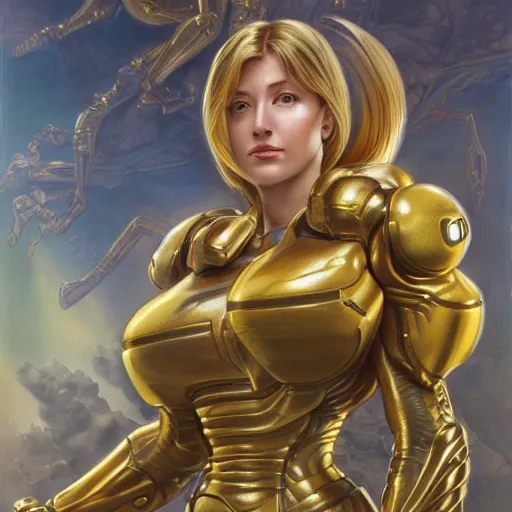 Image similar to Samus Aran from Metroid with golden armor drawn by Donato Giancola and Tom Bagshaw, face by Artgerm, overall design by Alphonse Mucha, background by James Jean and Gustav Klimt, light by Julie Bell, 4k, porcelain skin, komorebi, french nouveau, trending on artstation, octane render, hyperrealistic