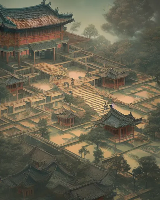 Image similar to tang dynasty palace by peter mohrbacher and dan mumford and nekro, cgsociety, volumetric light, 3 d render